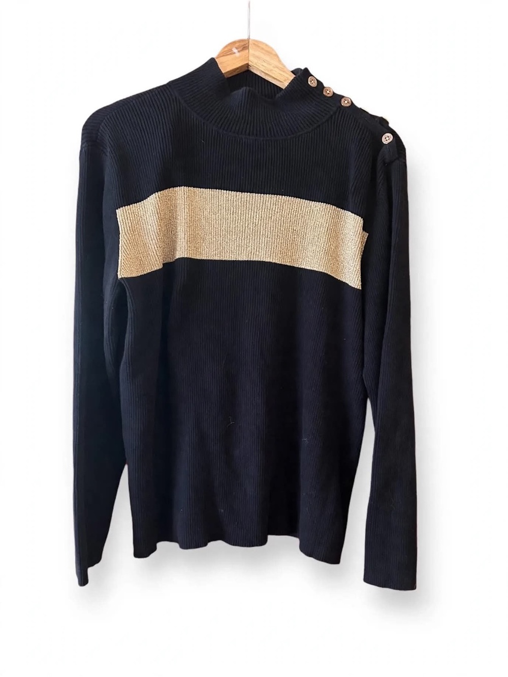 Ralph Lauren Black Sweater with Gold Stripe and Shoulder Buttons